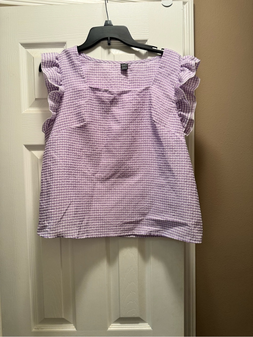 SHEIN Lavender Gingham Ruffle Sleeve Blouse